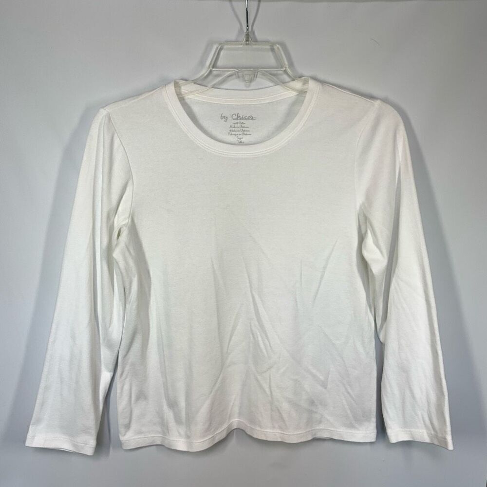 Chico’s Women’s Cotton Pullover Crew Neck LLong Sleeve T-Shirt White Size 1